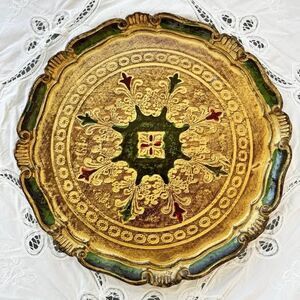 Vintage Florentia Italian Gold Gilt Wooden Serving Tray Baroque Round 13” Ornate